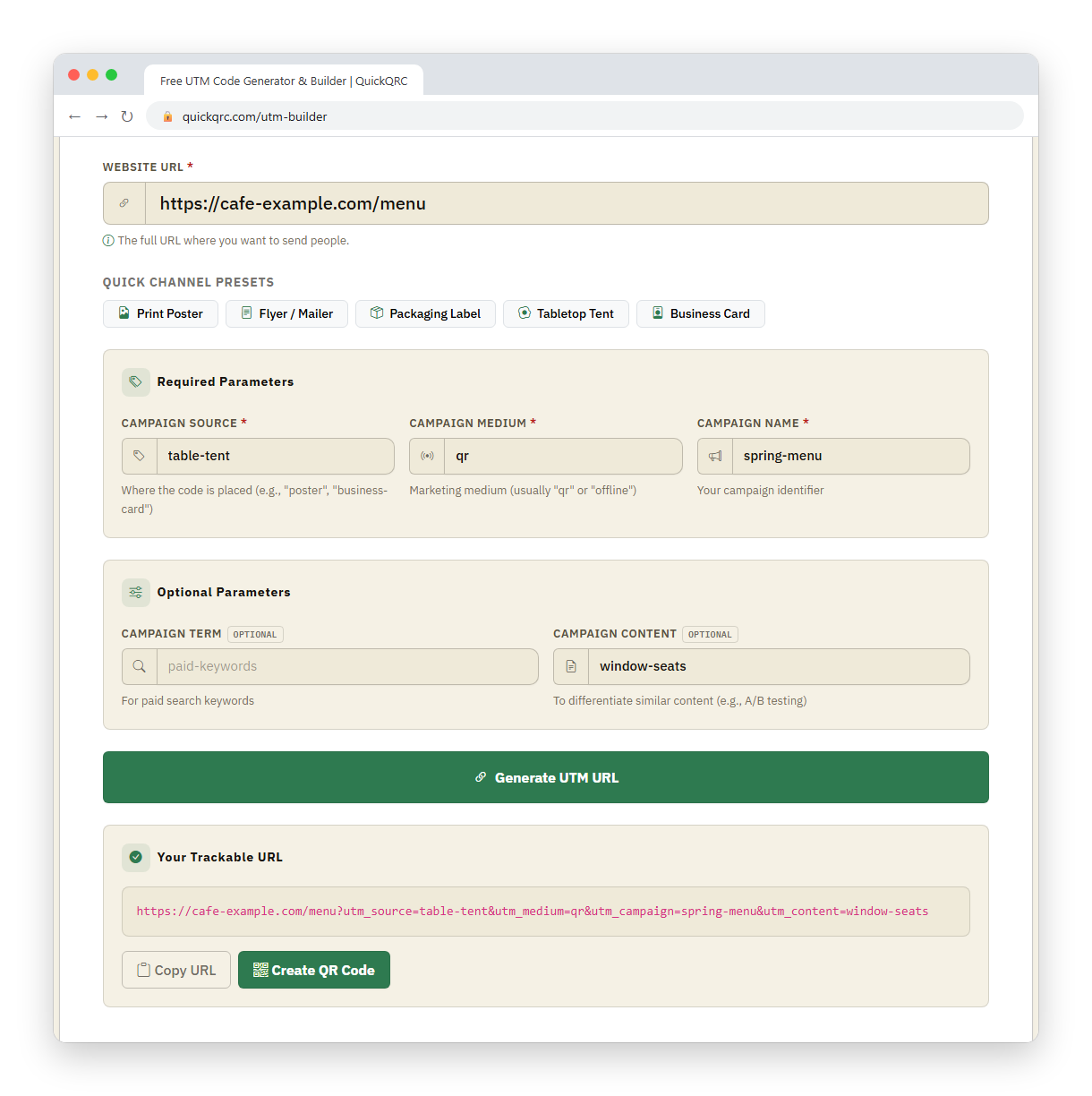 QuickQRC UTM builder in a browser window with a cafe example filled in: website URL, source table-tent, medium qr, campaign spring-menu and content window-seats, and the generated trackable URL with Copy URL and Create QR Code buttons