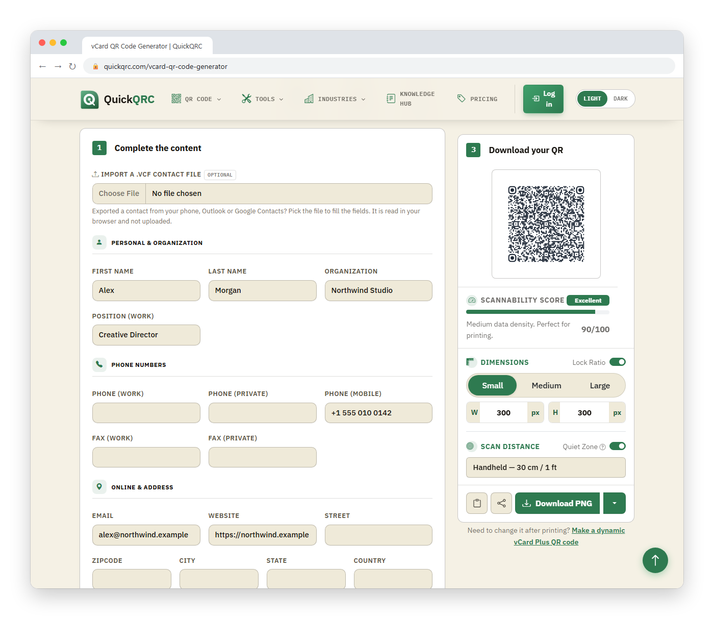 QuickQRC vCard QR code generator in a browser window with the contact form filled in on the left, and on the right a live QR code preview with a scannability score of 90 out of 100 and a Download PNG button