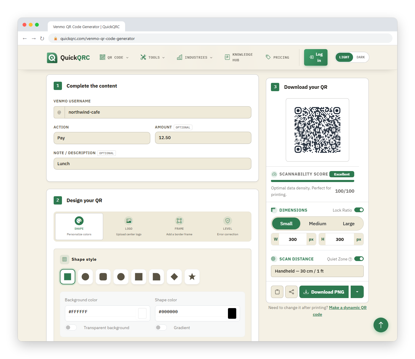 QuickQRC Venmo QR code generator in a browser window with the username northwind-cafe, the Pay action, an amount of 12.50 and the note Lunch filled in, and a live QR code preview on the right